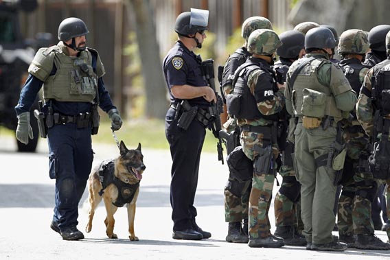 Police officers and a police dog prepare to search a suburban street during a manhunt in Sunnyvale, California, October 5, 2011.  A disgruntled worker, identified as Shareef Allman, opened fire on Wednesday at a Northern California cement plant and quarry, killing two people and injuring six, police said. Allman was also suspected of shooting a woman contract worker for Hewlett Packard during an attempted carjacking a short time later, Santa Clara County Sheriff's spokesman Sgt. Jose Cardoza said. REUTERS/Beck Diefenbach (UNITED STATES - Tags: CRIME LAW ANIMALS) - RTR2S9HP