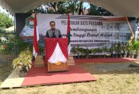 Pangeran Khairul Saleh memberikan sambutan saat menghadiri acara peletakan batu pertama PT Darul Hijrah