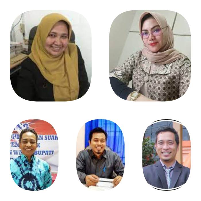 LIMA calon komisioner KPUD Kalsel terpilih, atas kiri  Nida Guslaili Rahmadina Andi Tenri Sompa, kemudian  Arif Mukhyar, Fahmi Failasopa dan Riza Anshari. Foto Ist