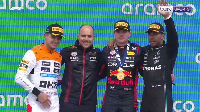 Pembalap Red Bull Racing, Max Verstappen  juara GP F1 Inggris 2023, Norris runner up dan Hamilton ke tiga. (Capture: beinSport)