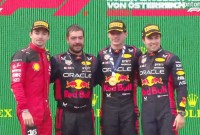 Max Verstappen menang balapan F1 GP Austria 2023, Charles Leclerc (2), dan Sergio Perez (3).
(Capture: F1.TV)