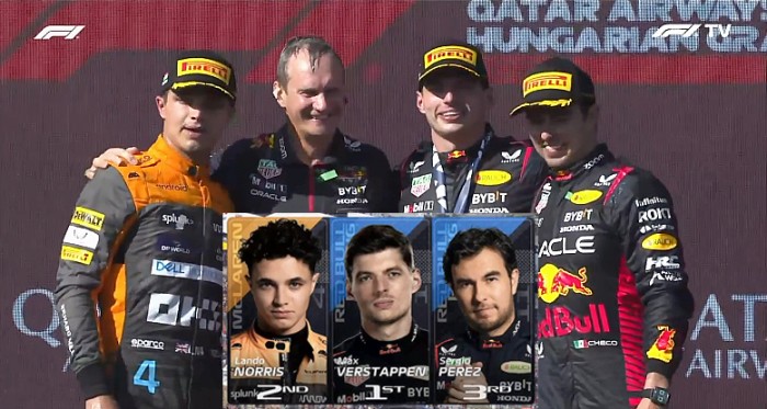 Juara F1 GP Hungaria, Max Verstappen (1), Lando Norris (2), dan Sergio Perez (3). (Capture: F1.TV)