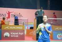 Mutiara Ayu Puspitasari, usai menjadi penentu kemenangan Indonesia atas Thailand pada babak semifinal Kejuaraan Asia Junior 2023 event beregu di GOR Among Raga, Yogyakarta, Senin (10/7/2023). (Foto: BOLASPORT.COM)