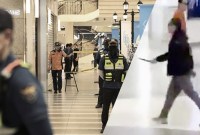 Petugas polisi menutup lokasi amukan penikaman di dekat stasiun kereta bawah tanah di Seongnam, Korea Selatan, Kamis (3/8/2023). Foto kanan diduga tersangka penikam. (Foto: AP/Hong Hae-in)