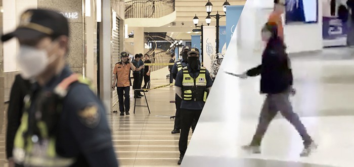 Petugas polisi menutup lokasi amukan penikaman di dekat stasiun kereta bawah tanah di Seongnam, Korea Selatan, Kamis (3/8/2023). Foto kanan diduga tersangka penikam. (Foto: AP/Hong Hae-in)