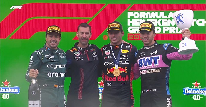 Verstappen menangkan F1 GP Belanda 2023, Alonso 2, dan keberuntungan pada Gasly podium 3 setelah Perez kena penalti lima detik. (Capture: F1.Live)