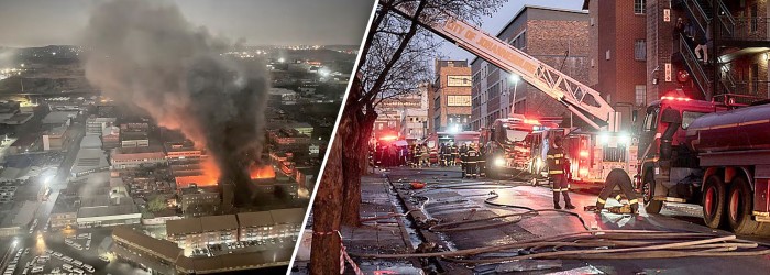 Asap mengepul dari gedung yang terbakar. Lebih dari 70 orang tewas akibat kebakaran gedung di Johannesburg. (Submitted by @odirileram/X/Reuters)