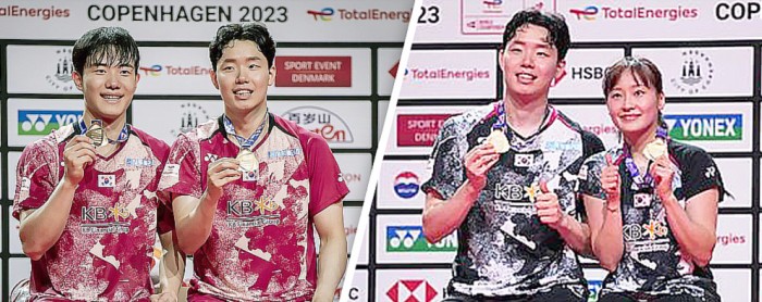 Seo Seung Jae meraih medali emas BWF World Championships 2023 di ganda putra bersama Kang Min-hyuk (kiri) dan ganda campuran bersama Chae Yu Jung (kanan). (AP Photo/Mads Claus Rasmussen)