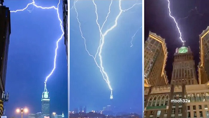 Petir menyambar menara jam di Mekkah. (MediaSosial)