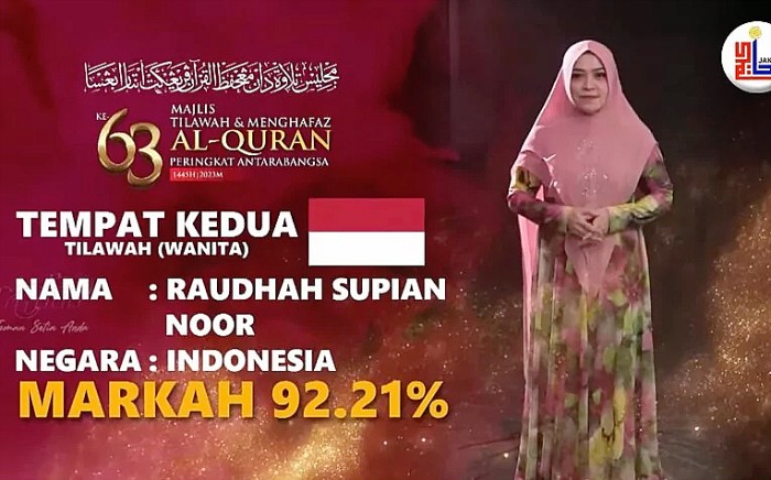 Hj Raudhah Supian Noor juara II kategori tilawah Majlis Tilawah dan Menghafaz Al-Quran (MTHQ) Antarbangsa Ke-63 di Malaysia. (Capture: @Youtube MyJAKIM)