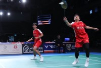 Pasangan ganda putra Indonesia, Leo Rolly Carnando/Daniel Marthin, pada babak pertama Australian Open 2023 di Quaycentre, Sydney, Selasa (1/8/2023). (PBSI.ID)