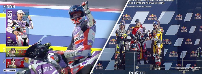 Pembalap Prima Pramac Ducati, Jorge Martin sukses mengasapi dua murid Valentino Rossi usai pastikan juara pada MotoGP San Marino 2023. (capture: MotoGP Live)
