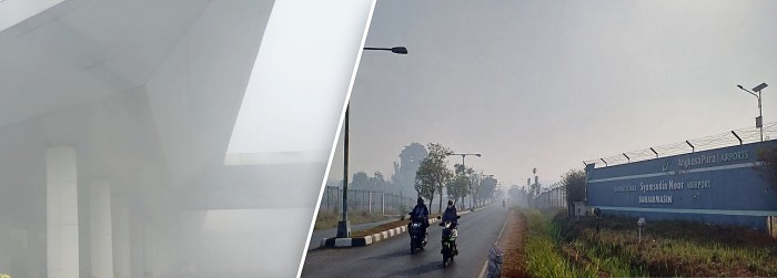 KONDISI di Jalan Angkasa atau luar kawasan Bandara Internasional Syamsudin Noor Banjarmasin yang diselimuti kabut asap, Jumat (8/9/2023) pagi. (ANTARA/Firman)