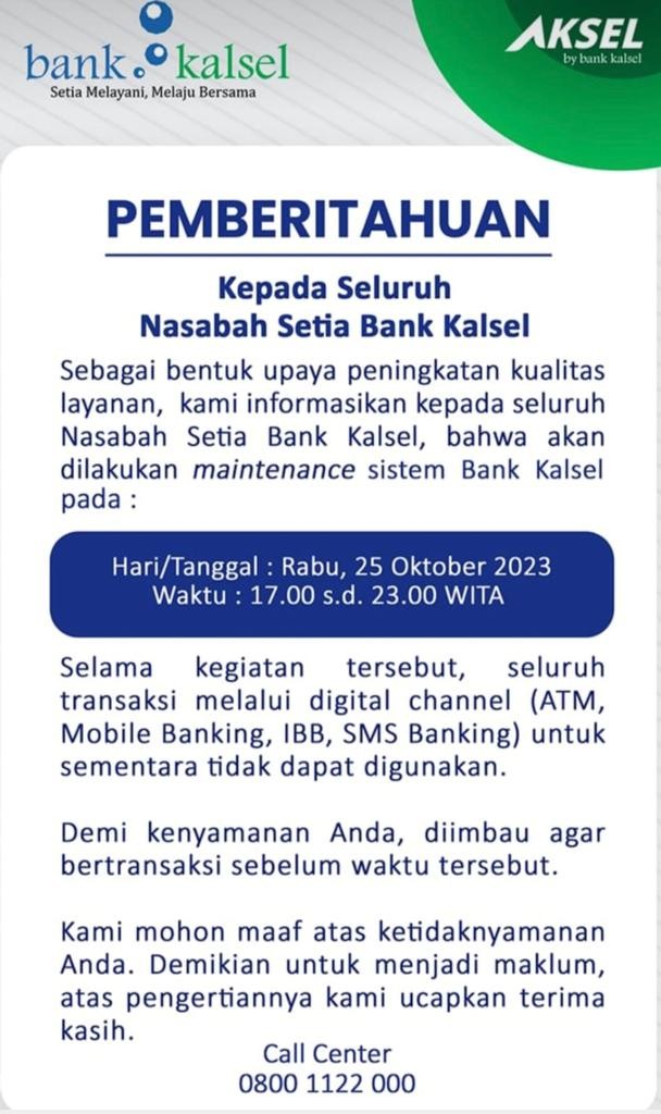 LAYANAN Layaanan Bank Kalsel tidak bisa digunakan karena ada maintenance sistem
