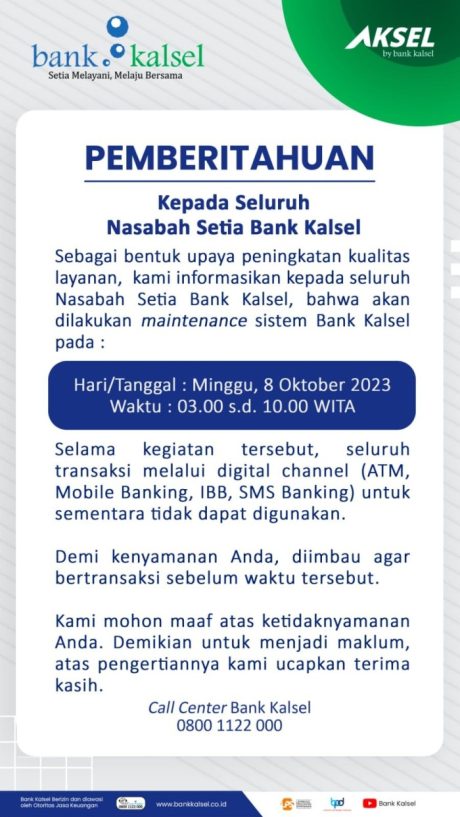 BANK KALSEL Kembali Lakukan Maintenance Sistem Untuk Tingkatkan Kualitas Layanan