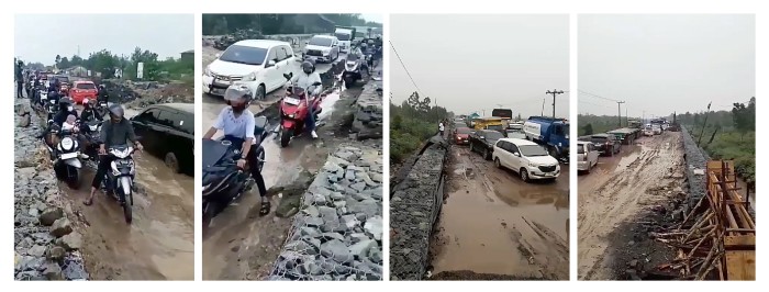 Ratusan kendaraan antre panjang mengular dan terjebak dalam kubangan lumpur di Jalan Trans Kalimantan, Desa Tumbang Nusa dan Tanjung Taruna, Kecamatan Jabiren Raya, Pulang Pisau, Kalteng, Senin (9/10/2023). (Capture: Media Sosial/WA)