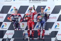 Dari kiri ke kanan, Maverick Vinales (Aprilia), Francesco Bagnaia (Ducati Lenovo), Fabio Quartararo (Monster Energy Yamaha) di podium MotoGP Indonesia 2023 di Sirkuit Mandalika, Lombok, NTB, Minggu (15/10/2023). (MotoGP.Live)
