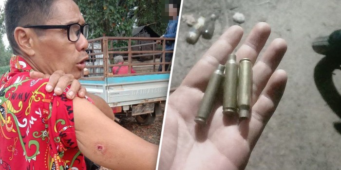 SEORANG warga memperlihatkan luka di lengannya usai bentrokan dengan aparat polisi. FOTO Kanan: warga menunjukan selongsong peluru yang ditemukan di lokasi bentrokan.(BBC Indonesia/James Watt)