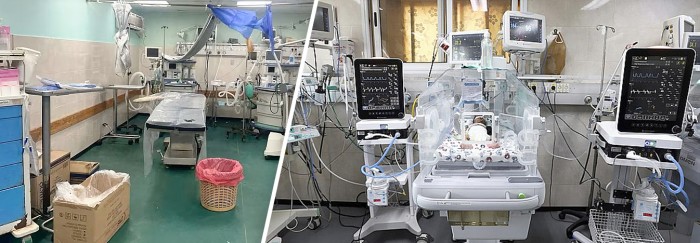 
Area ruang operasi darurat terlihat di dalam RS Al Shifa selama operasi darat Israel di sekitar rumah sakit tersebut, di Kota Gaza pada 12 November 2023 lalu. Sejumlah jenazah bayi prematur ditemukan di RS Al Nasr di Gaza imbas tidak diizinkan keluar oleh pasukan Israel saat agresi. (Reuters/Ahmed El Mokhallalati)