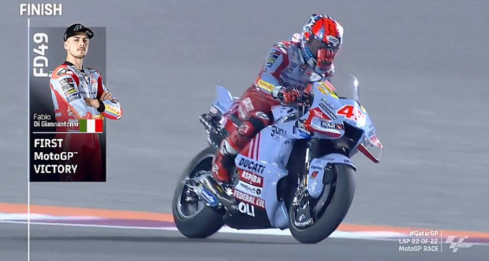 Fabio Di Giannantonio menjadi juara MotoGP Qatar 2023 di Sirkuit Losail, Senin (20/11/2023) dini hari, mengalahkan Francesco Bagnaia. (capture MOTOGP.Live)