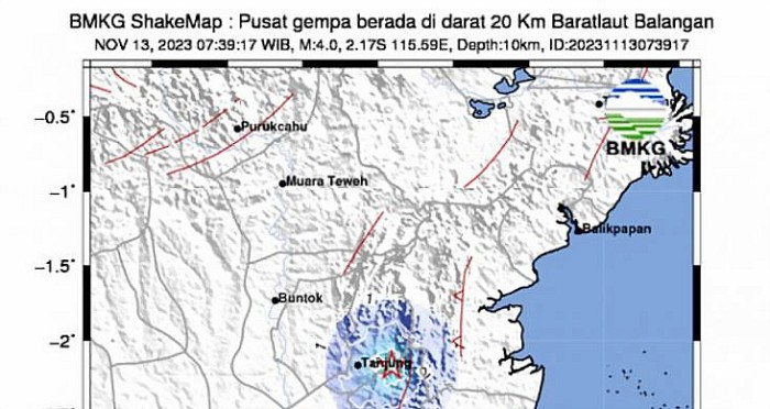 Peta lokasi gempa bumi di Balangan, Kalsel, Senin (13/11/2023). (Foto: BMKG)