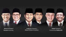 Tiga pasangan calon presiden dan wakil presiden Pemilu 2024. KPU telah menetapkan debat perdana peserta Pilpres 2024 12 Desember 2023 di Jakarta. (KOMPAS)