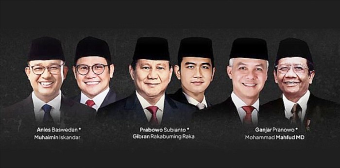 Tiga pasangan calon presiden dan wakil presiden Pemilu 2024. KPU telah menetapkan debat perdana peserta Pilpres 2024 12 Desember 2023 di Jakarta. (KOMPAS)