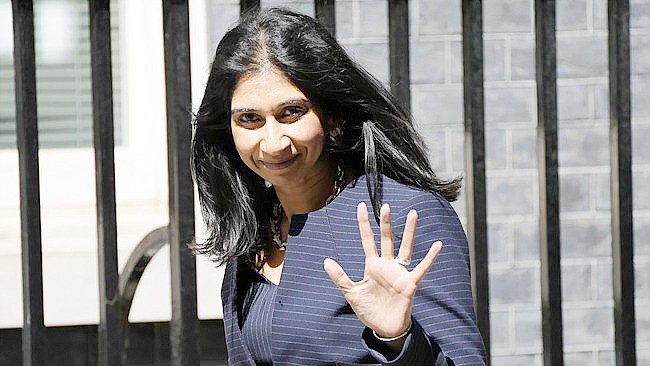 PM Inggris Rishi Sunak pecat Mendagri Inggris Suella Braverman gegara provokasi massa demi pro-Palestina. (AP/Frank Augstein)