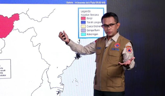 Kepala Pusat Data, Informasi, dan Komunikasi Kebencanaan Badan Nasional Penanggulangan Bencana (BNPB) Abdul Muhari dalam acara Disaster Briefing yang diikuti secara daring di Jakarta, Senin (11/12/2023). (Capture BNPB TV/ANTARA/Sean Muhamad)