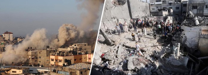 Gaza kembali diserang militer Israel usai gencatan senjata berakhir dan warga Palestina melihat kehancuran setelah pemboman Israel di kamp pengungsi Khan Younis di Jalur Gaza, Jumat (1/12/2023) [AP Photo/Mohammed Dahman]