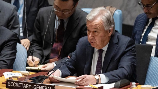 Sekjen PBB Antonio Guterres menegaskan tak akan mewujudkan gencatan senjata kemanusiaan di Gaza usai AS veto resolusi DK PBB. (AFP/Yuki Iwamura)