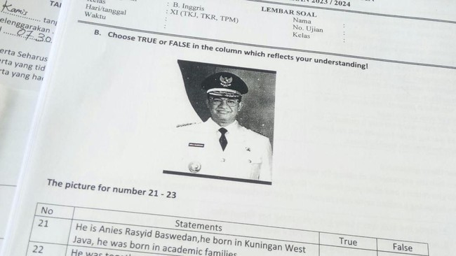 Beredar foto capres nomor urut 1 Anies Baswedan di soal ujian Bahasa Inggris di Lamongan, Jawa Timur. (CNNIndonesia/Safir M)