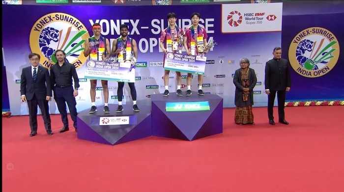 Pasangan ganda putra Korea Selatan Kang Min Hyuk/Seo Seung Jae juara India Open 2024. [Twitter/X @bhulukhuduktv]