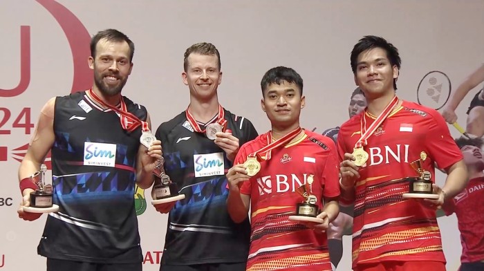 Ganda putra Indonesia, Leo Rolly Carnando/Daniel Marthin menjadi juara ganda putra Indonesia Masters 2024 setelah menundukkan pasangan Denmark Kim Astrup/Anders Skaarup Rasmussen, Minggu (28/1/2024). [X.com @bhulukhuduktv]