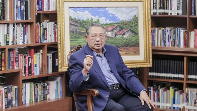 Mantan Presiden Republik Indoensia Susilo Bambang Yudhoyono (SBY) mengingatkan kepada para calon presiden peserta Pilpres 2024 agar tidak sembarangan mengumbar janji. [CNNIndonesia/Adhi W]