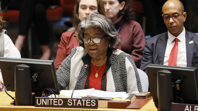 Wakil AS Linda Thomas-Greenfield di Rapat DK PBB. [Getty Images via AFP/MICHAEL M. SANTIAGO]