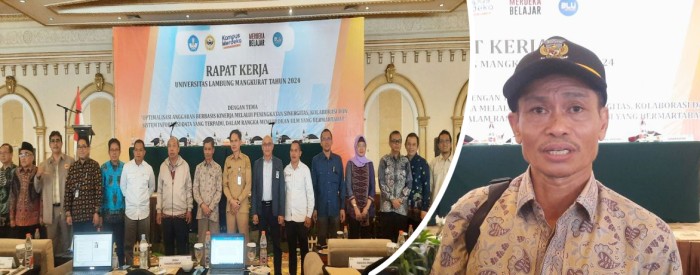 Rektor ULM Prof Ahmad Alim Bachri (foto kanan) bersama para unsur pimpinan saat rapat kerja ULM tahun 2024 di Ballroom Grand Dafam Q Hotel Banjarbaru, Senin (26/2/2024). [ANTARA/Firman]