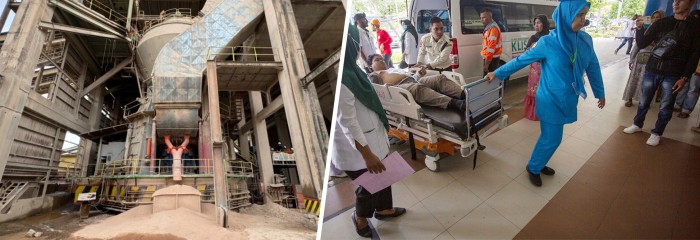 Kondisi Pabrik Indarung V Semen Padang usai terjadi ledakan gas, Selasa (20/2/2024). Foto Kanan: Korban Ledakan GAS Pabrik PT Semen Padang di bawa ke ke RSUP M. Djamil Padang. [VIVA.co.id/Andri M/Semen Padang]