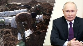 Foto Kiri: Prajurit Ukraina menyiapkan kantong tanah untuk membangun benteng tidak jauh dari kota Avdiivka di wilayah Donetsk, di tengah invasi Rusia ke Ukraina, Sabtu (17/2/2024). Foto Kanan: Putin mengucapkan selamat kepada pasukan atas kemenangan di kota Ukraina. [AFP/Sputnik/Alexander Kazakov]