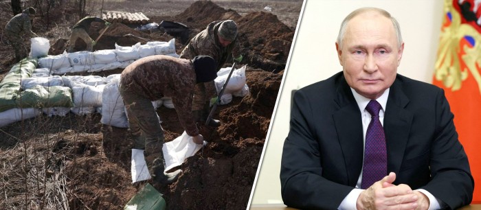 Foto Kiri: Prajurit Ukraina menyiapkan kantong tanah untuk membangun benteng tidak jauh dari kota Avdiivka di wilayah Donetsk, di tengah invasi Rusia ke Ukraina, Sabtu (17/2/2024). Foto Kanan: Putin mengucapkan selamat kepada pasukan atas kemenangan di kota Ukraina. [AFP/Sputnik/Alexander Kazakov]