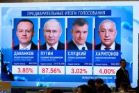 Hasil sementara pemilihan presiden Rusia ditampilkan di layar di markas besar Komisi Pemilihan Umum Pusat Rusia di Moskow, Rusia. [Foto: Reuters]