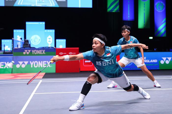 Pasangan ganda putri Indonesia, Apriyani Rahayu/Siti Fadia Silva Ramadhanti pada babak pertama All England Open 2024 di Utilita Arena, Birmingham, Inggris, Selasa (12/3/2024). [PP PBSI]