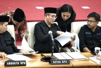 Jajaran Komisioner KPU saat mengumumkan penetapan hasil Pemilu 2024. [CNNIndonesia/Andry N]
