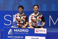 Sabar Karyaman Gutama/Moh Reza Pahlevi Isfahani menjadi juara Spain Masters 2024 setelah mengalahkan Junaidi Arif/Roy King Yap 21-18, 17-21, 21-19, Minggu (31/3/2024). [Screenshot: BWF TV] 