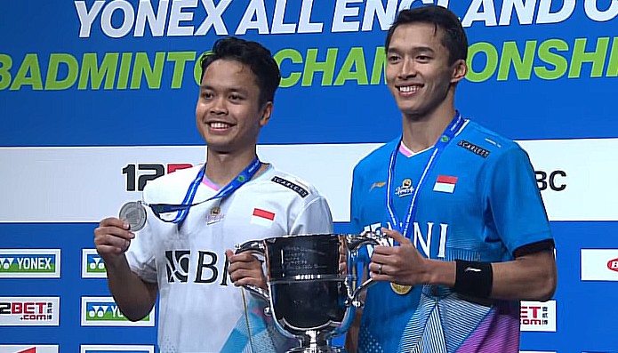 Jonatan Christie juara All England 2024 mengalahkan Anthony Sinisuka Ginting straight game 21-15 dan 21-14 dalam tempo 55 menit. [Sreenshot Youtube @BWF TV]