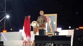 Ketua KPU RI Hasyim Asy'ari launching tahapan Pilkada serentak 2024 di Candi Prambanan, DI Yogyakarta, Minggu (31/3/2024).[detikcom/Firda Cynthia]
