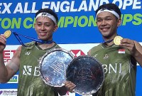 Fajar Alfian/Muhammad Rian Ardianto berhasil juara All England 2024 kalahkan Aaron Chia/Soh Wooi Yikdi dengan skor 21-16, 21-16.  [Screenshot: Youtube @BWF TV]