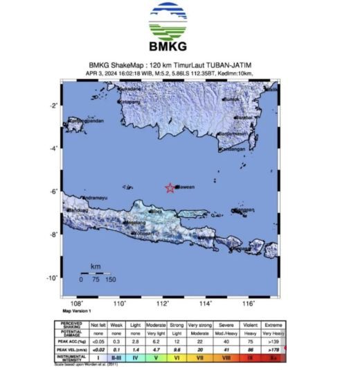 Peta menunjukkan gempa tektonik berkekuatan magnitudo 5,6 pada kedalaman 10 kilometer di darat pada jarak 120 kilometer arah timur laut Tuban, Jawa Timur, Rabu (3/4/2024). [ANTARA/HO-BMKG]