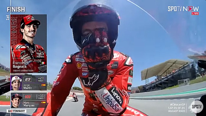 Pebalap tim Ducati Lenovo, Francesco Bagnaia juara di MotoGP Catalunya. [Screenshot: SPOTV]