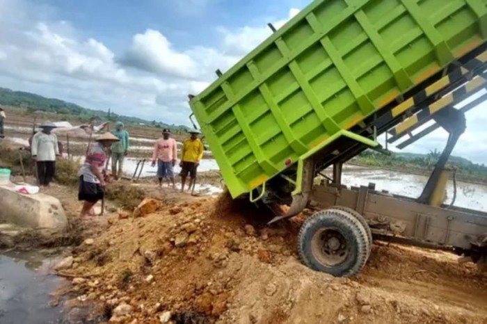 Penimbunan tanah untuk peningkatan jalan usaha tani di Desa Bangunrejo, Kecamatan Tenggarong Seberang, Kabupaten Kukar, Kaltim, Selasa (4/6/2024). [Antara/HO Pendim 0906/Kukar]
